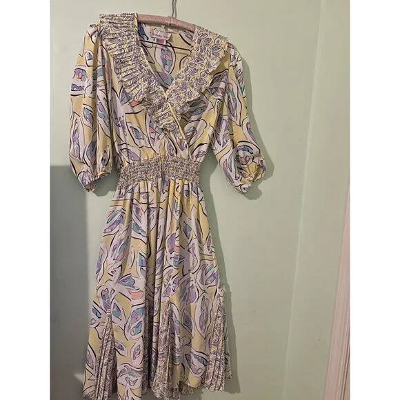 Vintage Anthony Sicari Ruffle Midi Dress Made in USA 80s Pastel Abstract Print P - Picture 1 of 12